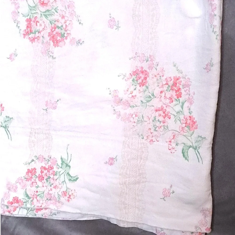 VTG Stevens Floral Flat Bed Sheet Twin White Pink Lace Stripe Cottagecore Fabric